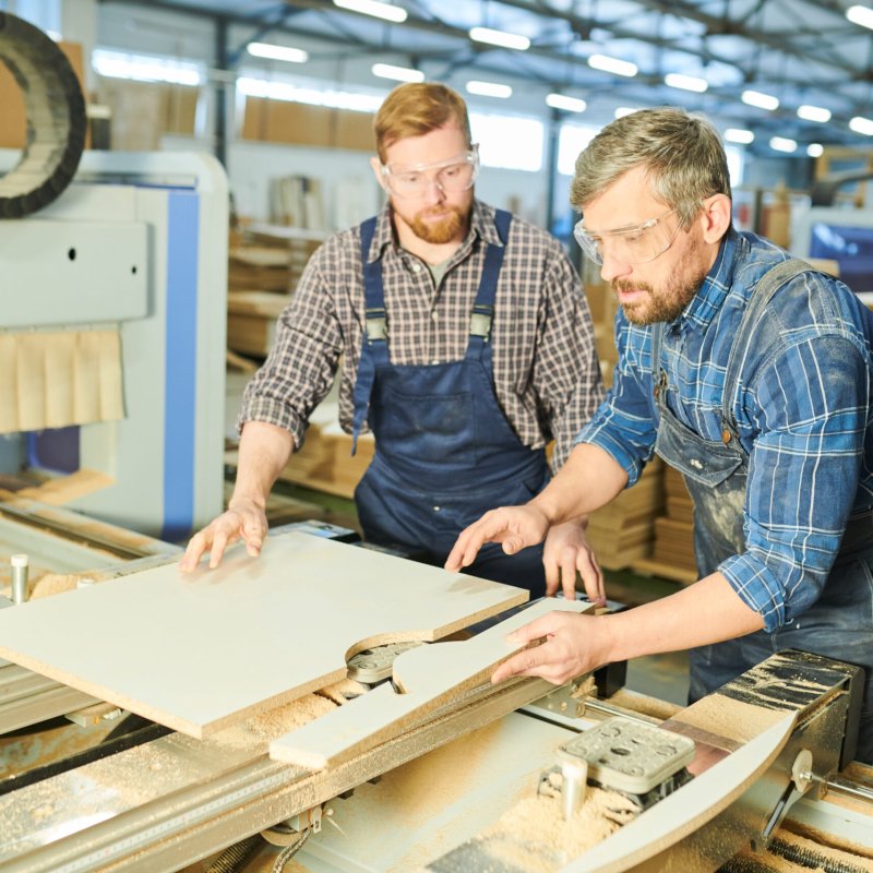 Serious concentrated factory workers in uniform standing at workbench and joining wooden pieces while assembling furniture at factory