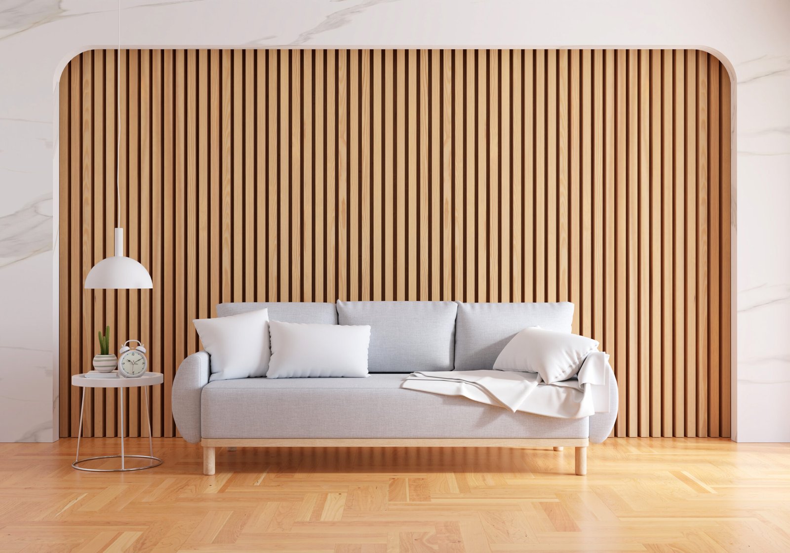 Gray sofa in living room interior with copy space for mock up, 3D rendering